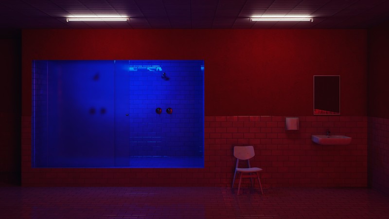 CGI, digital art, bathroom, neon, neon lights, shower, red, blue, tiles, chair, mirror, minimalism, interior design, creepy