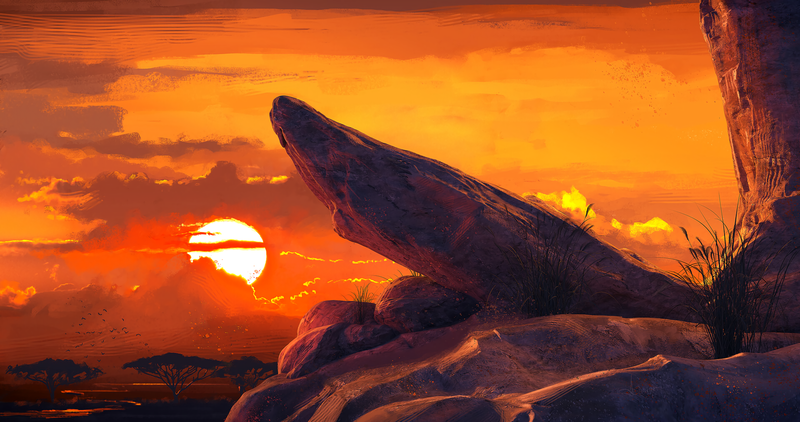 The Lion King, artwork, digital art, illustration, Sun, Luciano Neves, sunset, rocks, grass