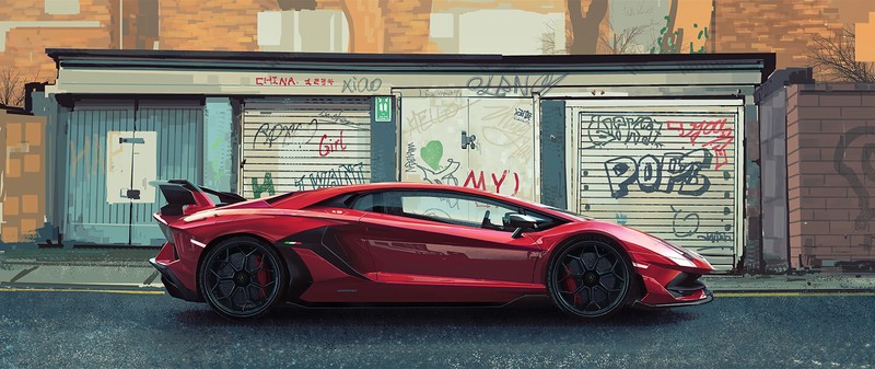 artwork, digital art, drawing, car, Lamborghini, supercars, Italian Supercars, graffiti, wall, road, red cars, vehicle