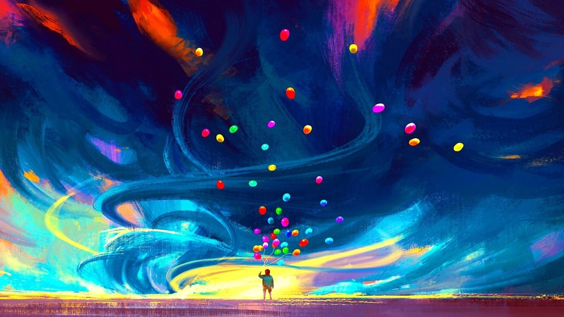 digital, digital art, artwork, fantasy art, children, colorful, balloon, painting, digital painting, sky, skyscape, paint brushes