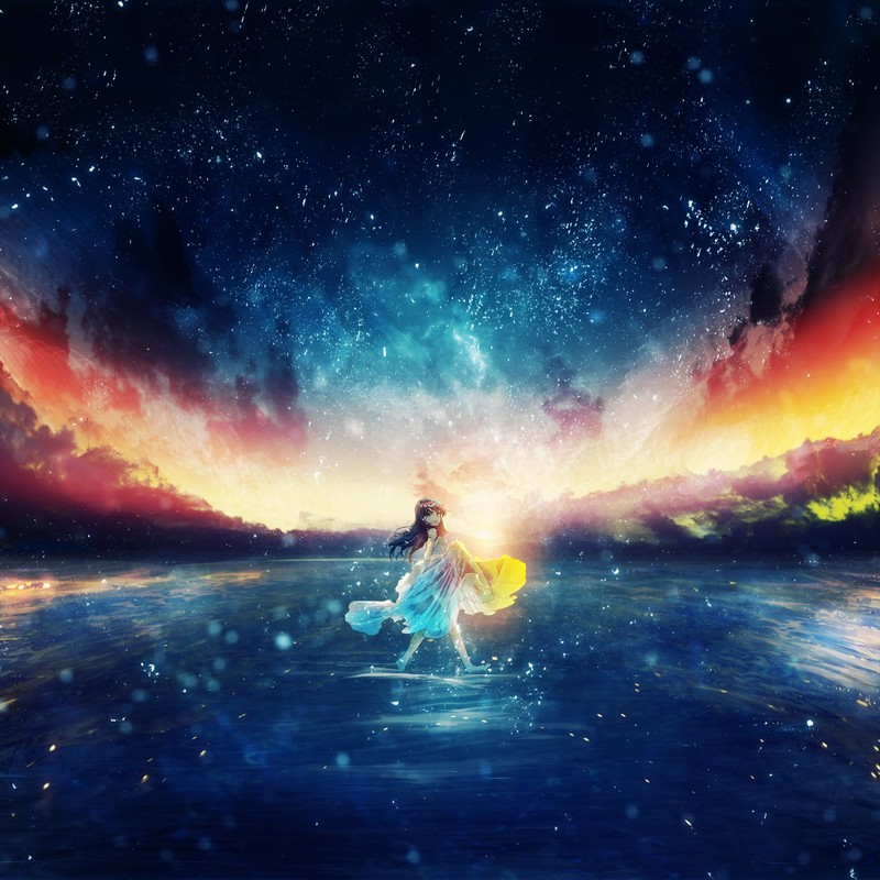 anime, anime girls, sky, night, stars, dark hair, universe, space