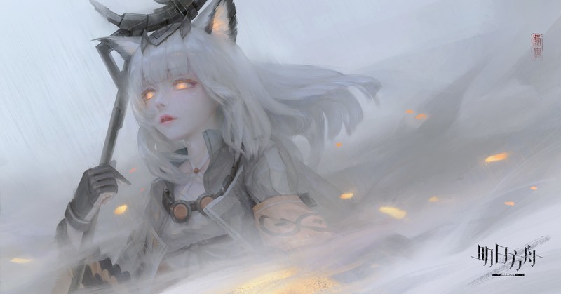 Arknights, video games, video game characters, anime girls, artwork, digital art, cat ears, white hair, glowing eyes, Ptilopsis(Arknights)
