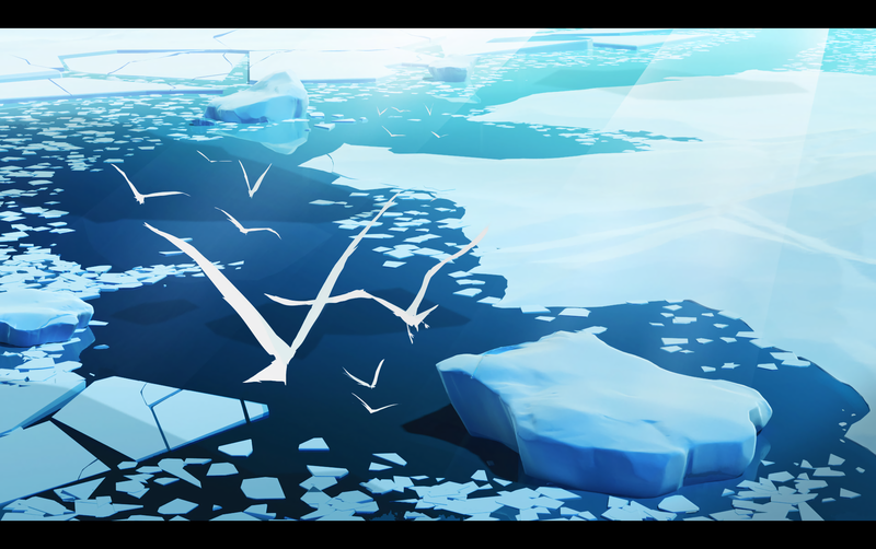 iceberg, birds, artwork, digital art, illustration, sea