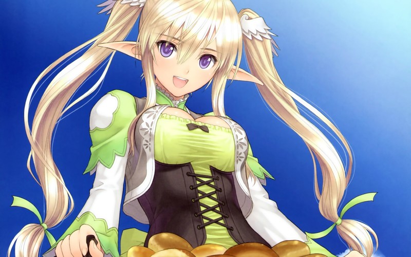 anime girls, blonde, long hair, hair ornament, purple eyes, Elfs, Tony Taka