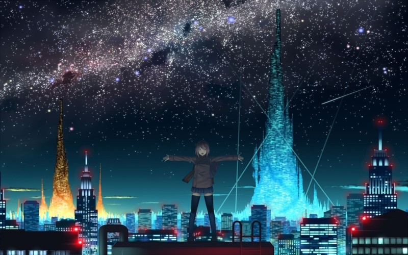 anime, anime girls, short hair, school uniform, city lights, night, sky, stars, cyan