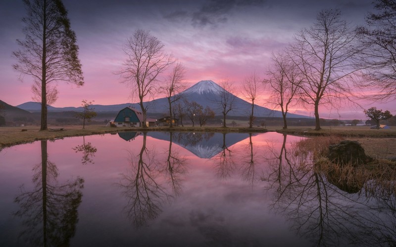landscape, lake, nature, volcano, purple sky, Japan, Mount Fuji