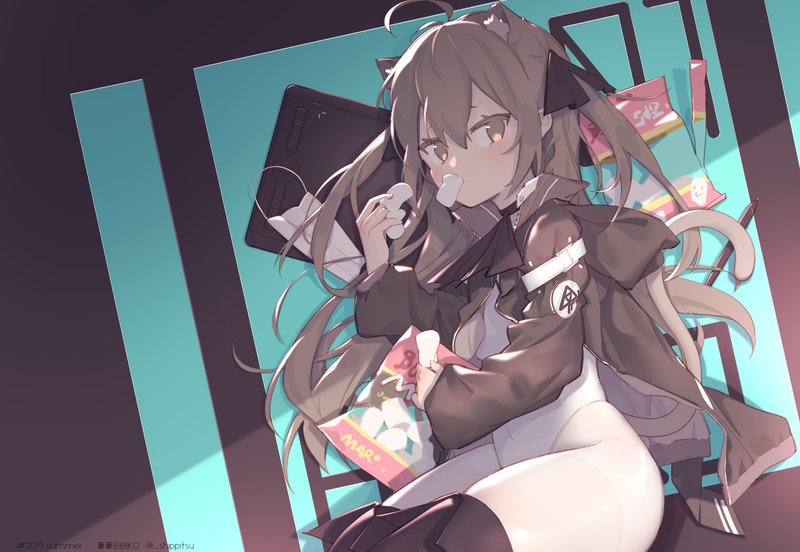 anime, anime girls, digital art, artwork, simple background, long hair, portrait, neko ears, animal ears, brunette, food, ponytail, jacket, brown eyes