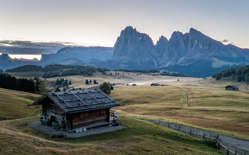 mountains, landscape, hut, nature