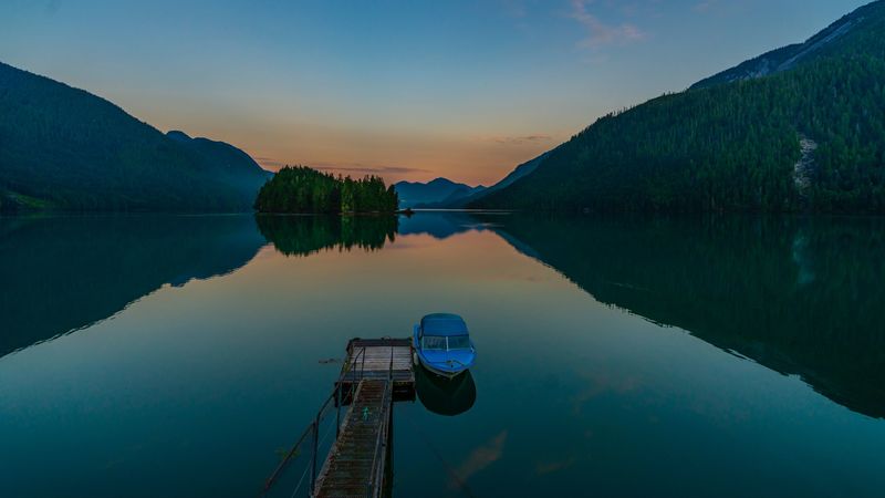 pier, boat, lake, mountains, twilight, 4k