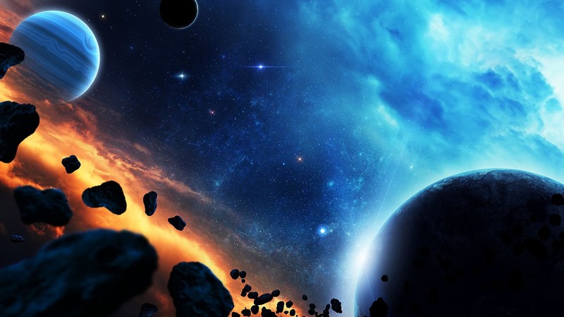 space, planet, digital art, space art, cyan, orange