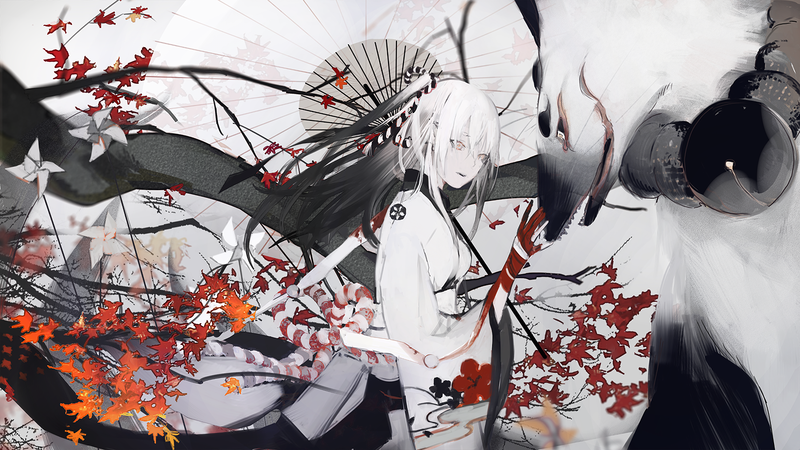 anime, anime girls, comic art, fantasy girl, long hair, leaves