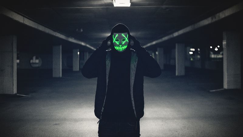 man, mask, hood, anonymous, glow, 4k