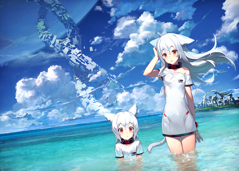 anime, anime girls, comic art, sky, clouds, outdoors, water