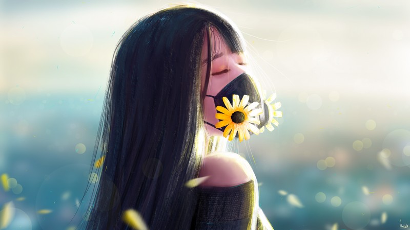 RicoDZ, women, flowers, gas masks, bokeh, digital art, sunflowers