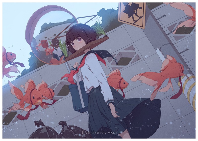 anime, anime girls, school uniform, sailor uniform, short hair, brunette, water, fish, original characters, surreal, underwater