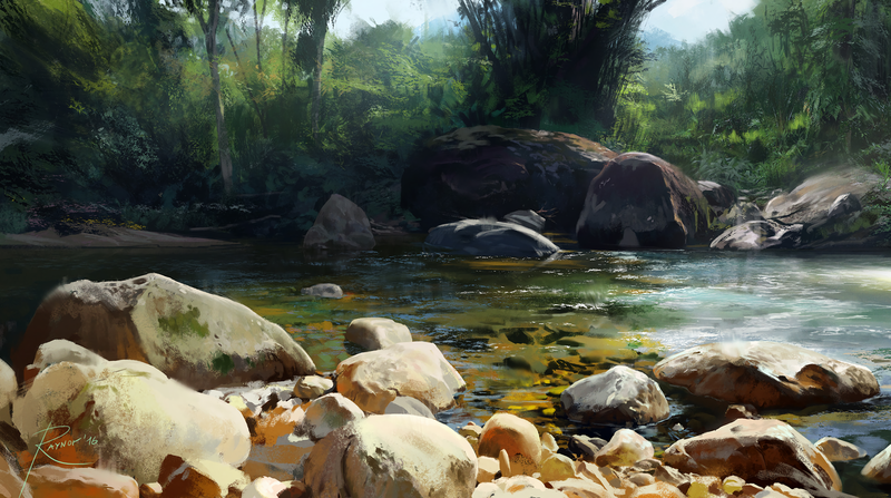 artwork, digital art, trees, river, rock, water
