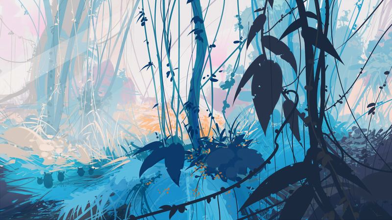 artwork, digital art, trees, forest, leaves, animals, cyan, jungle