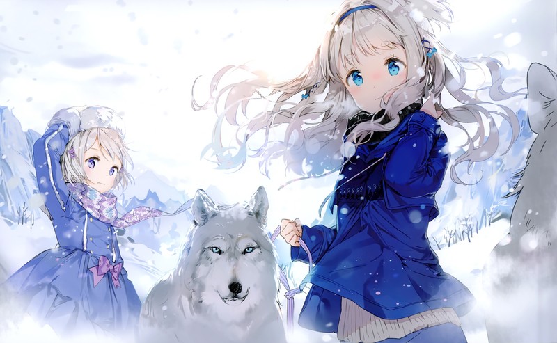 Anmi, snow, wolf, scarf, long hair, winter, anime, anime girls