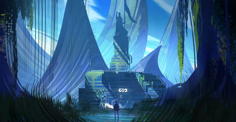 building, cat girl, animal ears, blue