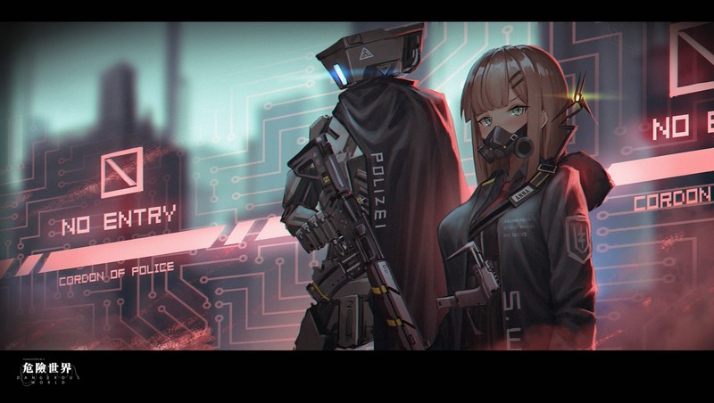 anime, anime girls, digital art, artwork, portrait, long hair, blonde, green eyes, futuristic, futuristic city, weapon, jacket, police, robot