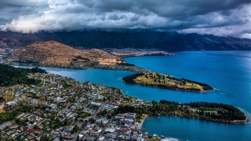 mountains, lake, aerial view, city, clouds, new zealand, 4k