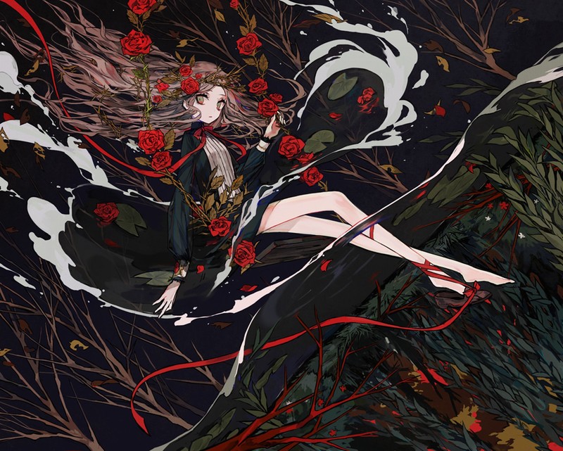 anime, anime girls, Ophelia, digital, Dark Angel, flowers, rose, legs, barefoot, long hair, fantasy girl