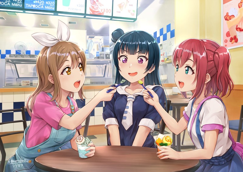 anime, anime girls, artwork, digital art, restaurant, food, ice cream, brunette, black hair, redhead, brown eyes, purple eyes, blue eyes, tie, open mouth, ponytail, long hair, short hair