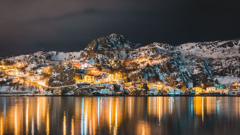 mountains, lake, village, night, light, snow, 4k