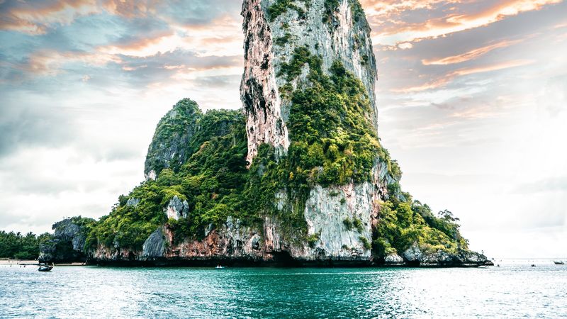 island, ocean, rock, vegetation, 4k