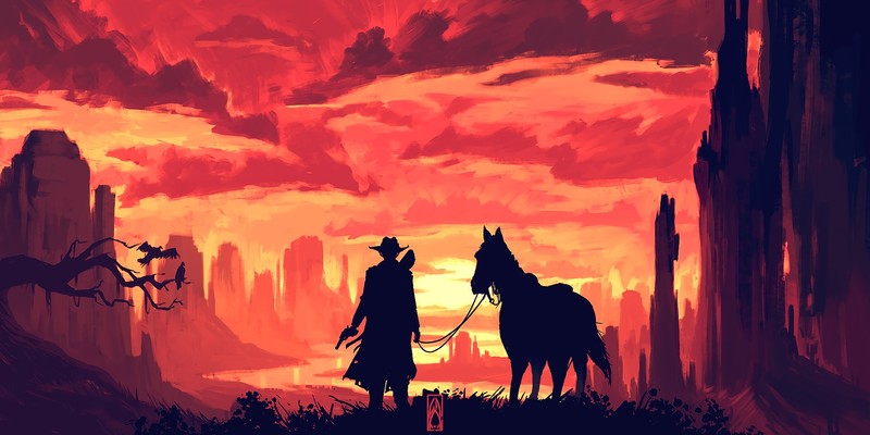 Gustavo Arteaga, concept art, landscape, horse, evening, cowboys, gun, silhouette, grass, desert, clouds, birds, mountains