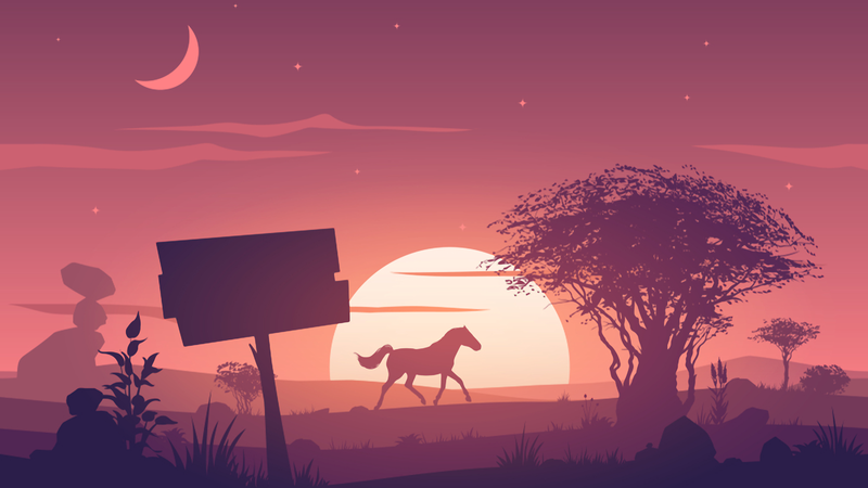 digital, digital art, artwork, nature, sunset, Sun, evening, dusk, landscape, horse, animals, trees, grass, rocks, stars, Moon, sky, silhouette, outdoors, vector art, vector graphics, concept art