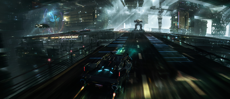 artwork, digital art, vehicle, car, city, robot, racing, science fiction, cyberpunk, Mustafa Lamrani