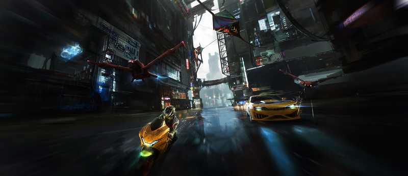 artwork, digital art, vehicle, car, motobike, drone, city, racing, road, science fiction, cyberpunk, shooting, Mustafa Lamrani, motion blur