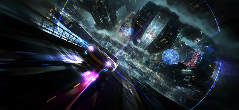 artwork, digital art, vehicle, car, city, racing, wall, science fiction, cyberpunk, road, Mustafa Lamrani
