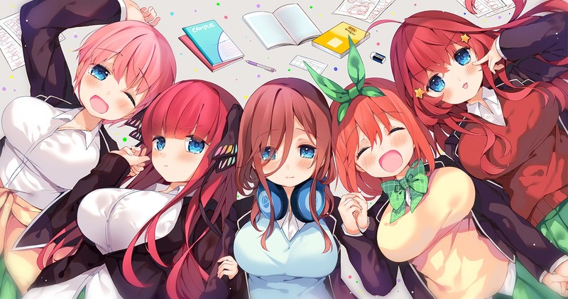 anime, anime girls, digital art, artwork, portrait, long hair, short hair, 5-toubun no Hanayome, Nakano Nino, Nakano Miku, Nakano Itsuki, Nakano Ichika, pink hair, books, blue eyes, open mouth, redhead, headphones, school uniform, Nakano Yotsuba