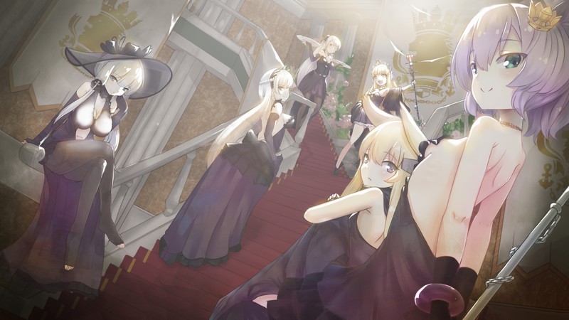 anime, anime girls, digital art, artwork, portrait, short hair, long hair, crown, blue hair, dress, black dress, blonde, white hair, hat, skirt, smiling, glasses, black skirts