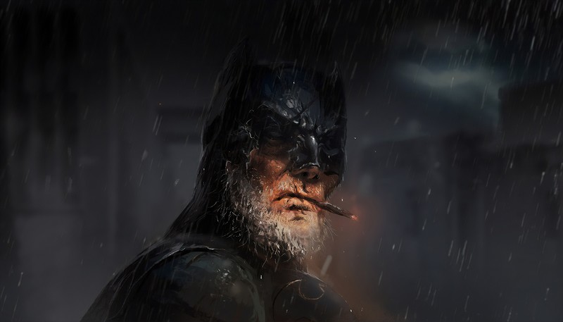 digital, digital art, artwork, Batman, DC Comics, DC Universe, Bruce Wayne, old people, superhero, night, Gotham City, rain, smoking, cigars, cigarettes, comics