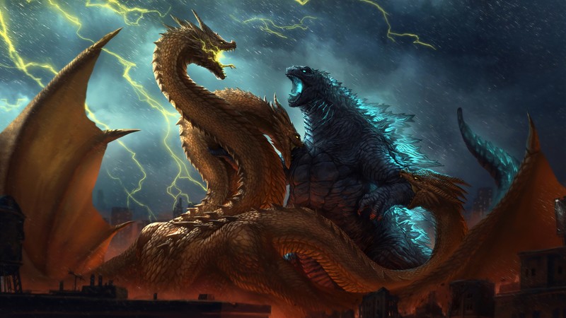 digital, digital art, artwork, Godzilla, Godzilla: King of the Monsters, city, battle, creature, King Ghidorah, yellow, blue, fictional creatures, fantasy art, lightning, rain, clouds, storm, attack, environment, movies, fictional, science fiction