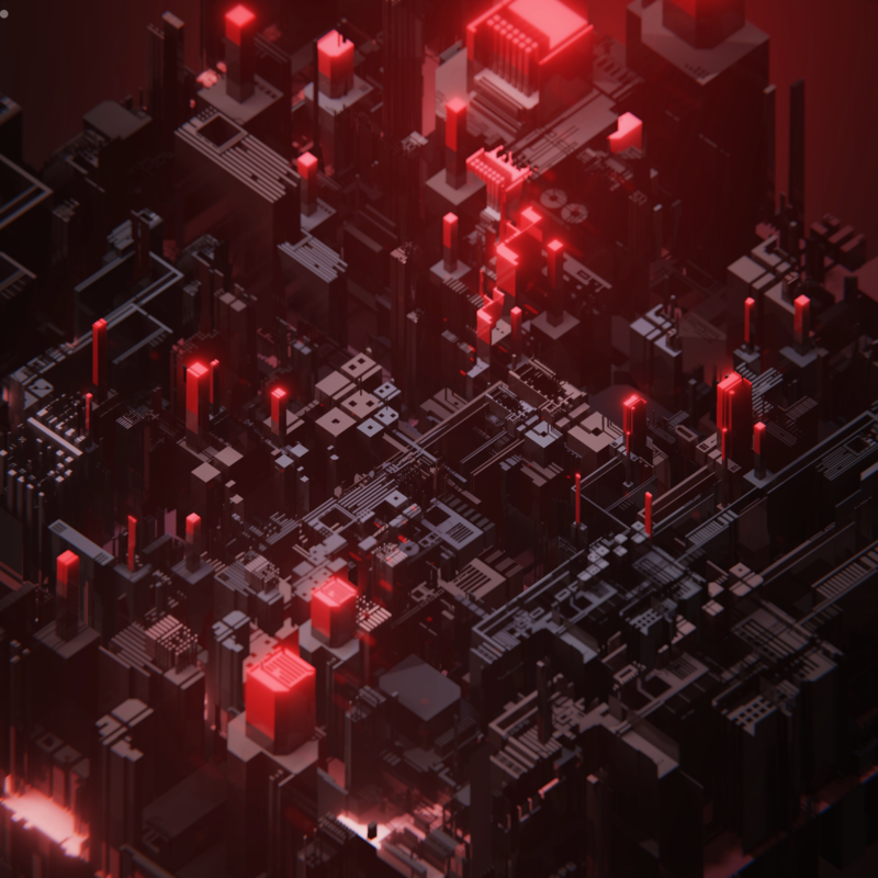 3D, digital art, red, black, city, cube