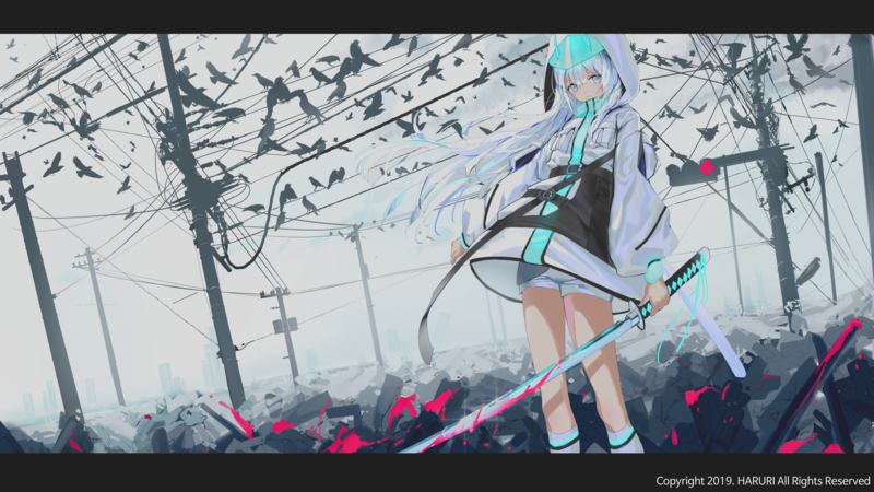 anime, anime girls, digital art, artwork, portrait, long hair, katana, white hair, white eyes, sweater, birds, city
