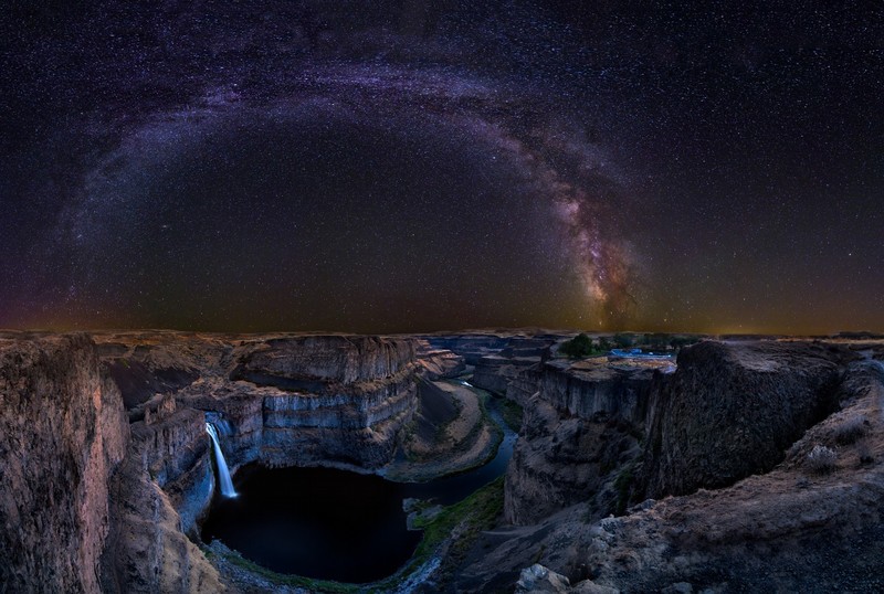 space, Milky Way, landscape, waterfall, nature, night, canyon