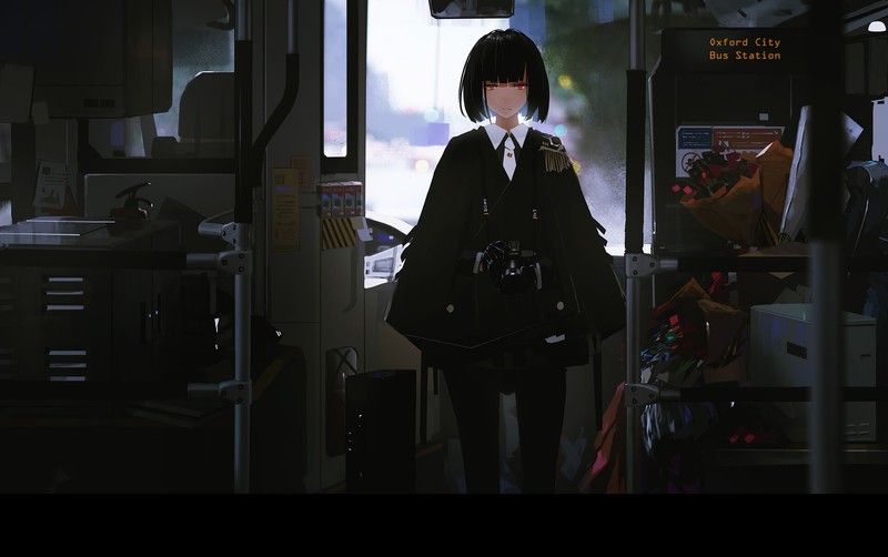 anime, anime girls, red eyes, short hair, black hair, novelance, digital art