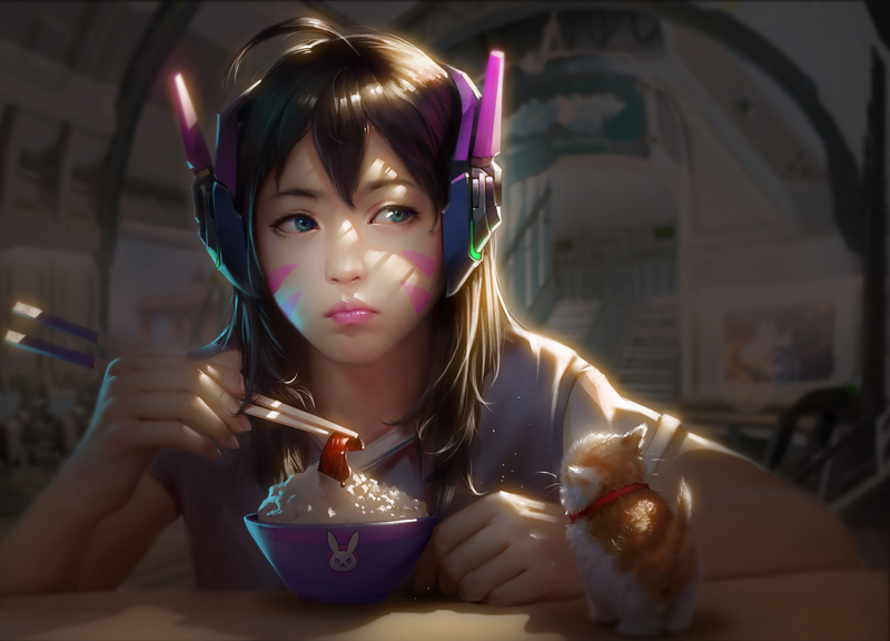 Hana Song, D.Va (Overwatch), Overwatch, video games, video game characters, fan art, digital art, artwork, long hair, brunette, cats, headphones, green eyes, blue eyes, eating, chopstick, bowls, rice, looking away, women, kittens
