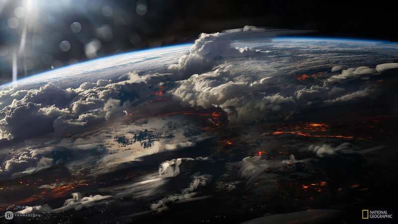 Earth, space, National Geographic, clouds, lava, sun rays, artwork, illustration