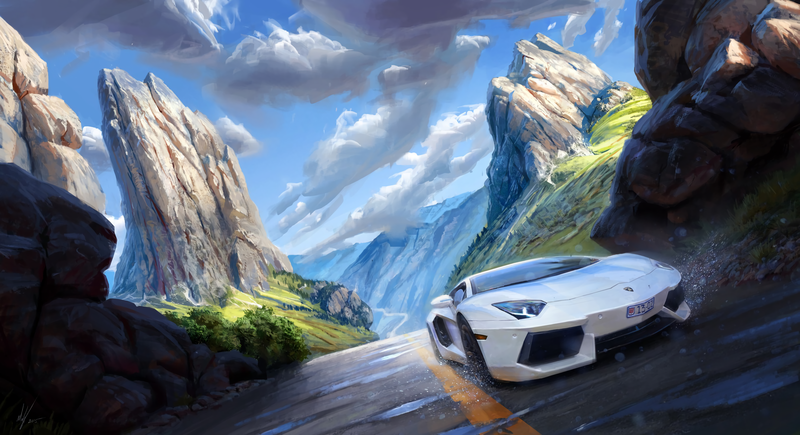 artwork, digital art, illustration, mountains, car, road, rocks, sky, clouds, Lamborghini, supercars, Italian Supercars, wet