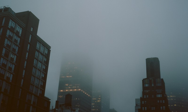 city, mist, skyline, skyscraper, dark, low-angle