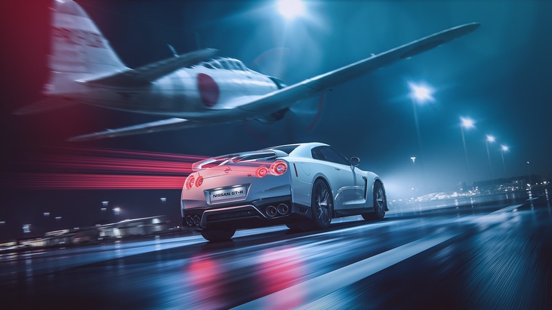 car, aircraft, vehicle, artwork, Nissan, Nissan GT-R, Mitsubishi A6M2 Zero, cyan
