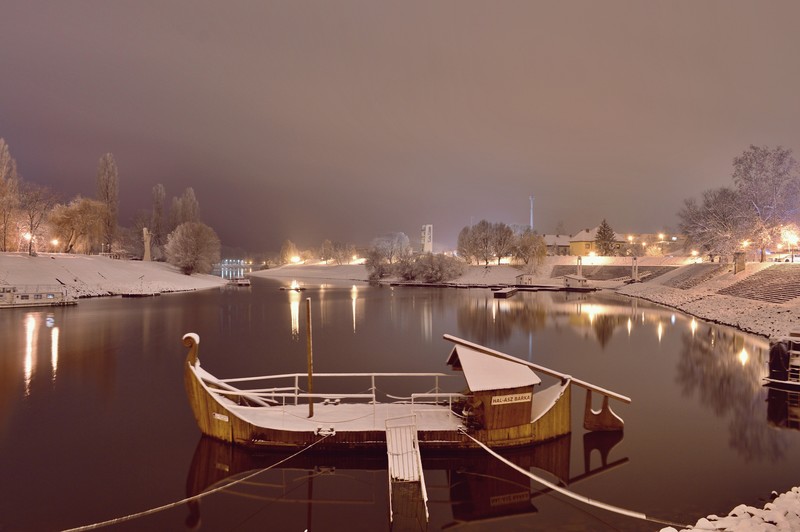 Hungary, Baja, snow, night, landscape, ship, bark, city