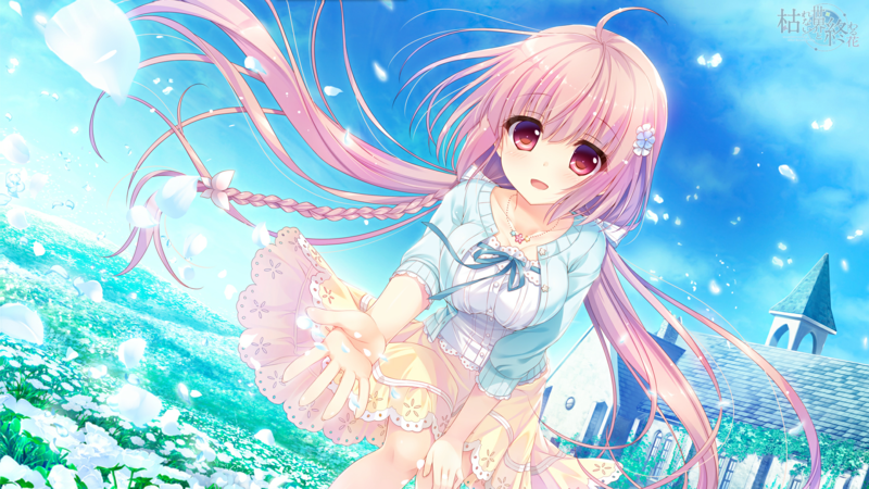 anime, comic art, anime girls, pink hair, sky, long hair, red eyes, dress, Karenai Sekai to Owaru Hana