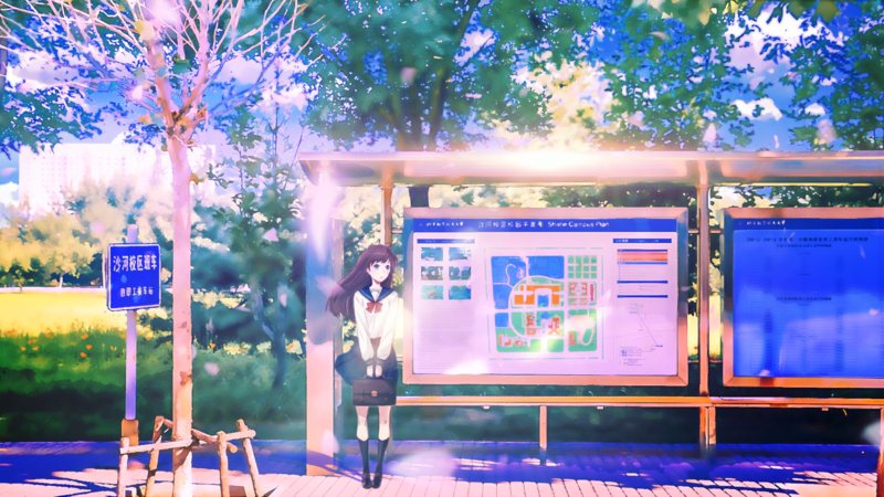 anime, comic art, anime girls, urban, trees, sign, long hair, Asia, outdoors